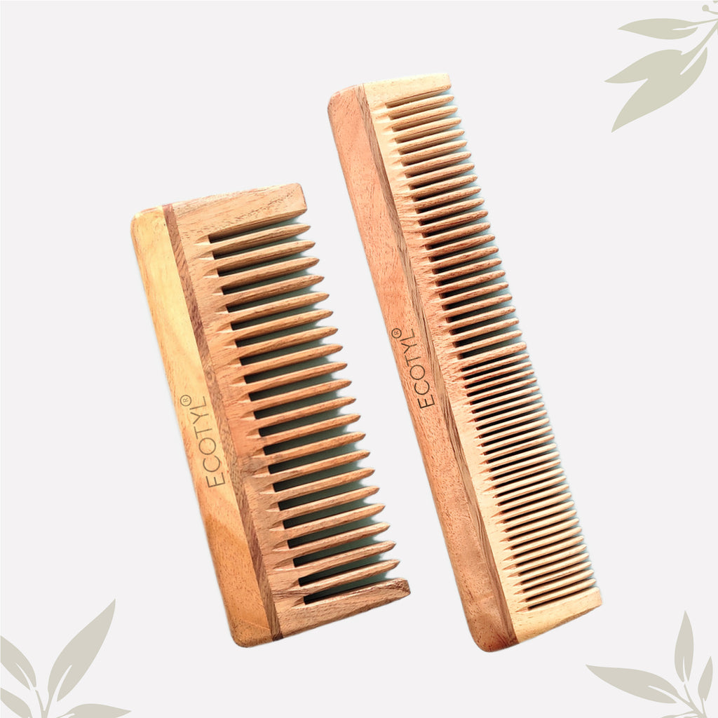 Neem Wood Comb Combo (Detangling & Shampoo) - Set of 2 - Ecotyl - 100% Organic I Sustainable