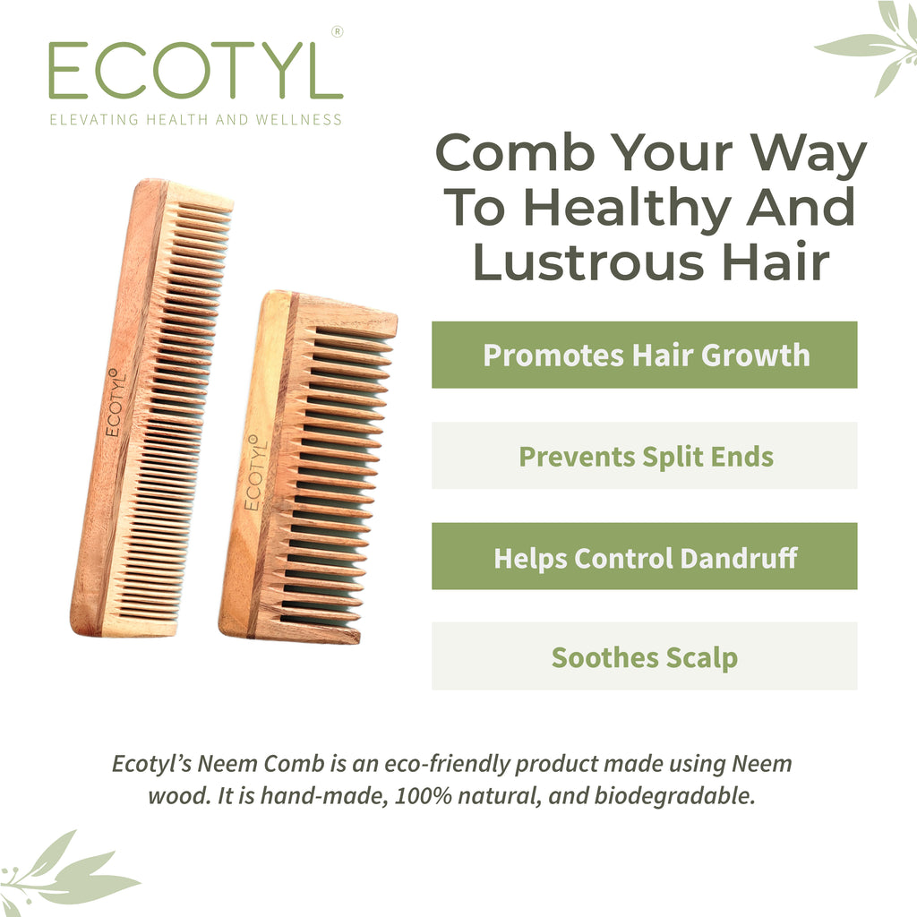 Neem Wood Comb Combo (Detangling & Shampoo) - Set of 2 - Ecotyl - 100% Organic I Sustainable