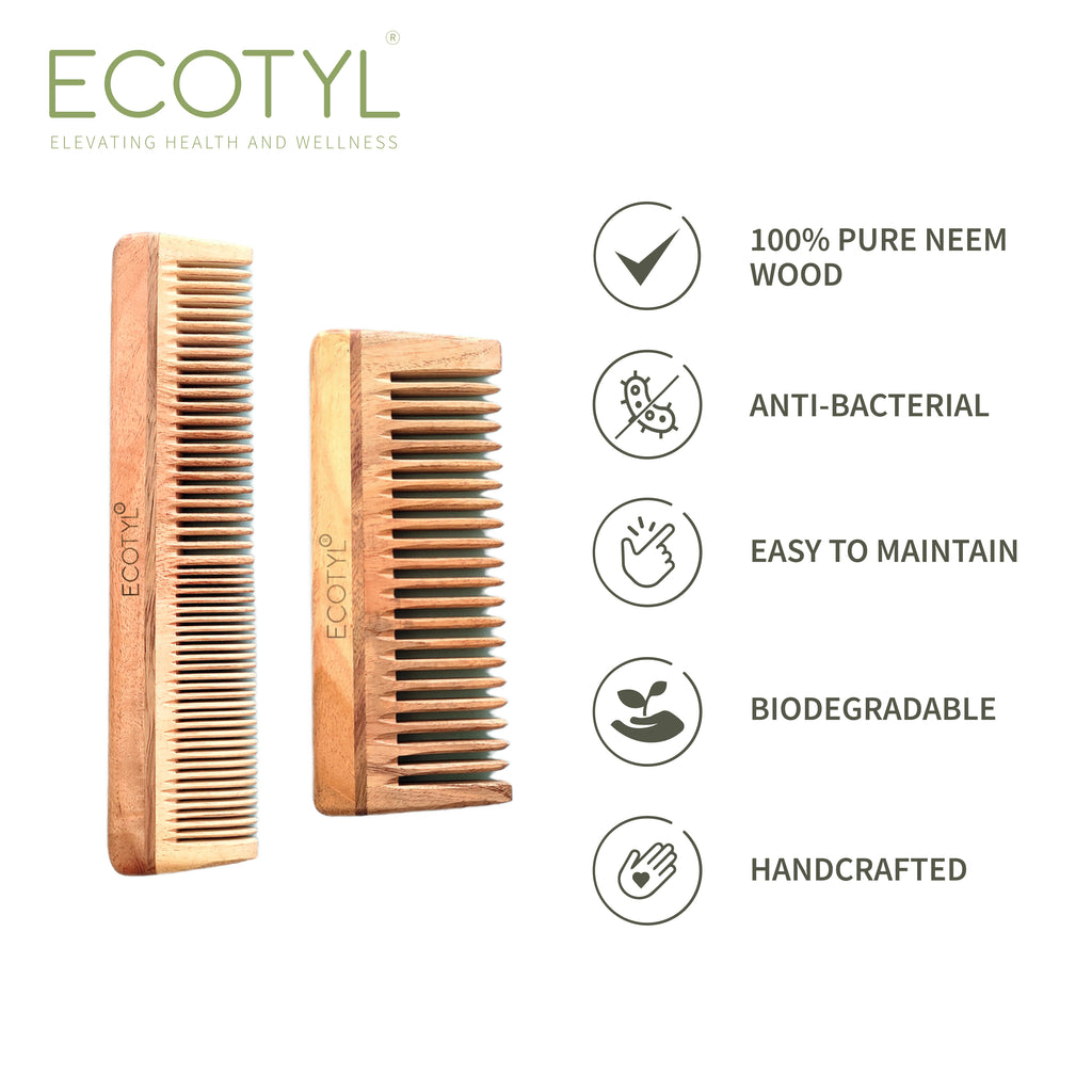 Neem Wood Comb Combo (Detangling & Shampoo) - Set of 2 - Ecotyl - 100% Organic I Sustainable
