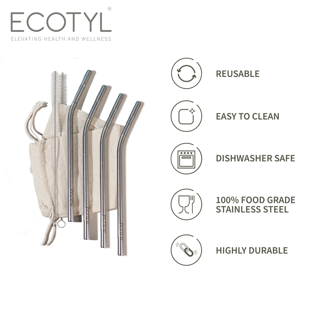Stainless Steel Straw (Set of 4) + Cleaning Brush - Ecotyl - 100% Organic I Sustainable
